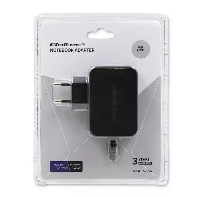Fonte de alimentação QOLTEC 45W 19V 2,37A com ficha 5,5x1,7 mm