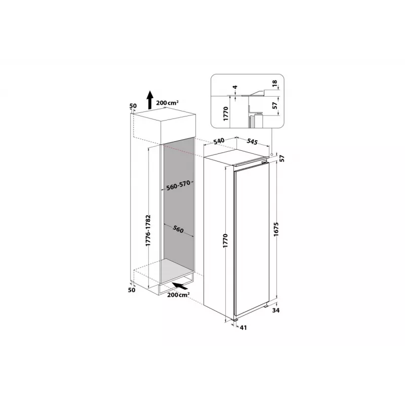 Frigorífico Whirlpool | WHSD18A013D1 | classe de eficiência energética E | encastrável | frigorífico sem congelador | altura 177 cm | volume de refrigeração líquido 306 L | display | 30 dB | aço inoxidável