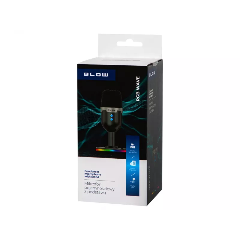 Microfone de estúdio BLOW com suporte LED — com fios USB 2.0, 20–16000 Hz, sensibilidade -50 dB, 237 g