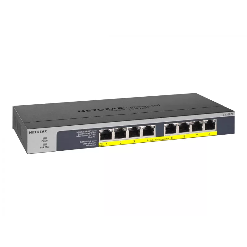 NETGEAR GS108PP Gigabit Ethernet não gerido (10/100/1000) Power over Ethernet (PoE) preto