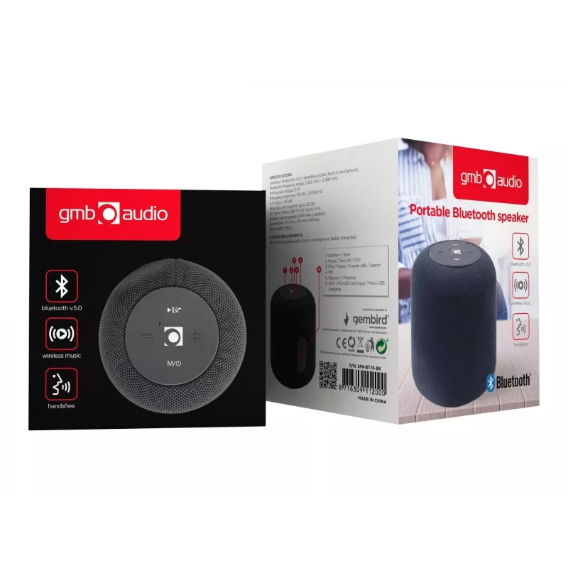Altifalante portátil mono Gembird SPK-BT-15-BK — 5 W RMS, Bluetooth, MicroSD, 1200 mAh, Preto