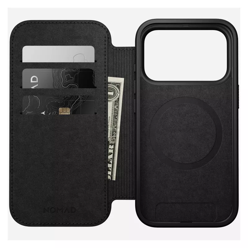 Capa de pele para telemóvel Nomad Modern Leather Folio para iPhone 17 Pro, 16 cm (6,3 polegadas), preta, 4 compartimentos para cartões