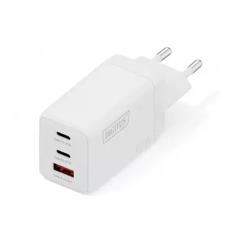 Carregador de parede DIGITUS DA-10303 67W GaN, 2× USB-C + 1× USB-A, 100–240V, branco