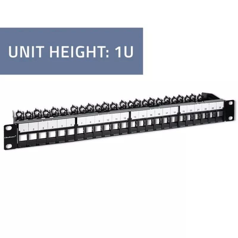 Qoltec 54516 patch panel para rack de 19 polegadas, 24 portas, 1U, UTP, preto