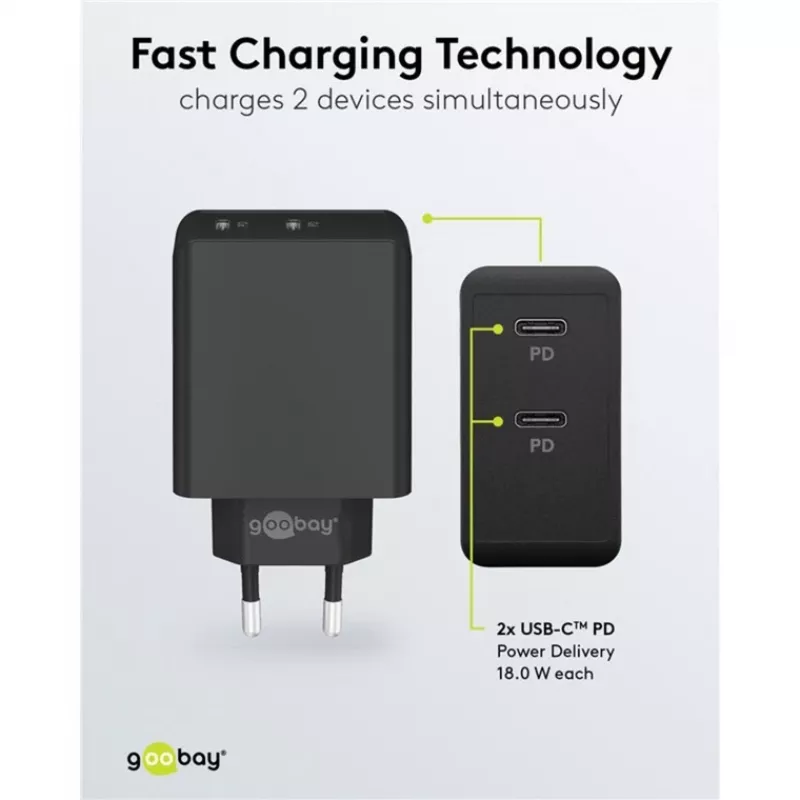 Carregador de interior Goobay 61757 Carregamento rápido USB Type-C 2 Portas Preto