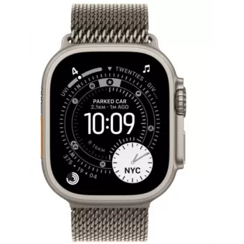Smartwatch Apple Watch Ultra 3 GPS + Cellular 49 mm caixa de titânio natural com bracelete Milanesa de titânio natural — 64 GB, OLED, 422×514, resistente à água até 100 m, grande