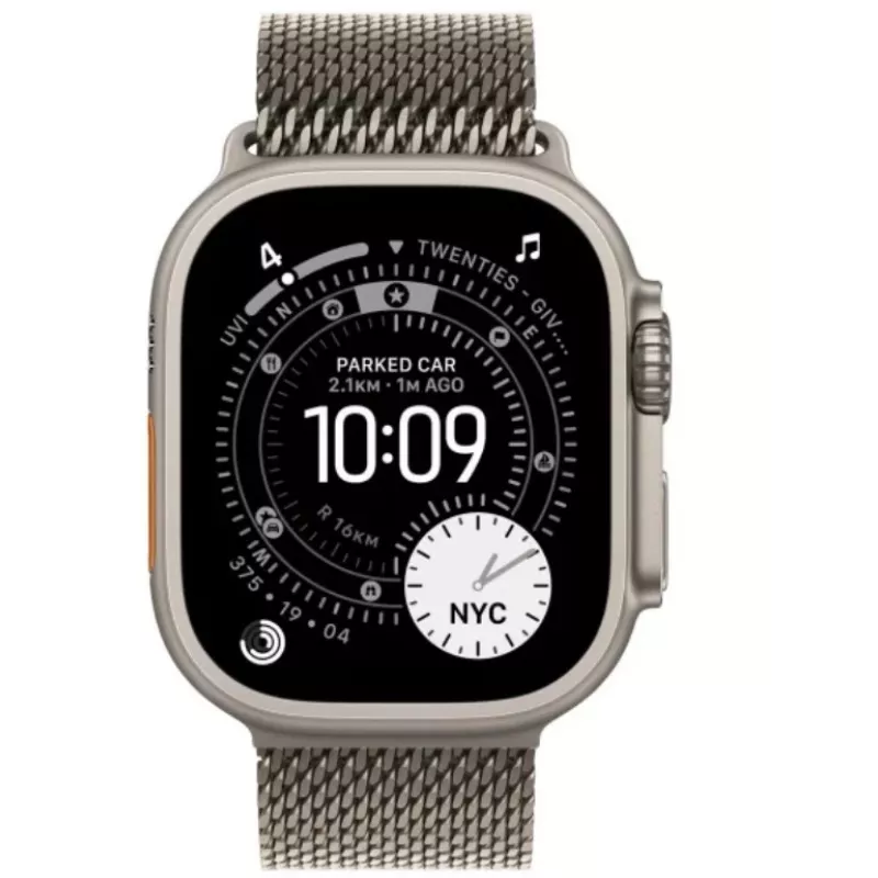 Smartwatch Apple Watch Ultra 3 GPS + Cellular 49 mm caixa de titânio natural com bracelete Milanesa de titânio natural — 64 GB, OLED, 422×514, resistente à água até 100 m, grande
