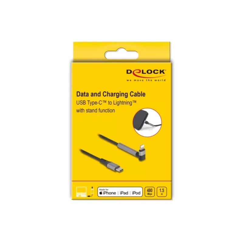 Cabo de carregamento e dados USB Type-C para Lightning com ficha angular e função de suporte, DELOCK 1,5 m, 9 V 3 A (MFi)