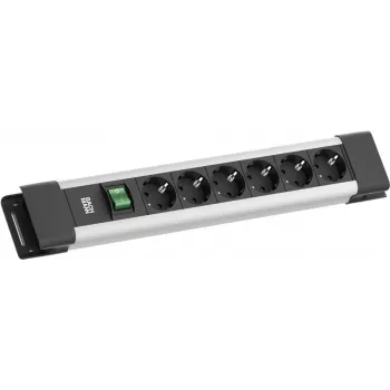 Régua de tomadas Bachmann CONNECTUS com 6× tomadas CEE7/3, 1× interruptor, cabo de 2,0 m, ficha CEE7/7, cinzento