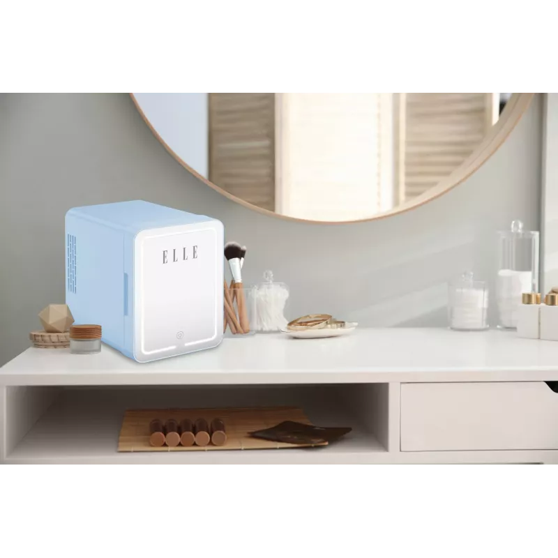 Mini-frigorífico com espelho de maquilhagem LED Elle 4 L azul — frigorífico pessoal para cosméticos