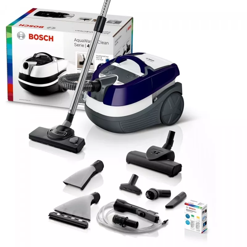 Aspirador de água e pó Bosch BWD 41740 AquaWash&Clean — 1700 W, depósito de 5 litros, filtro EPA, tubo telescópico, raio de 9 m, roxo