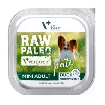 Comida húmida para cães VETEXPERT RAW PALEO Pâté Mini Adult Pato 150 g — Alimento completo para cães adultos de raças pequenas, 82,5% humidade, 8% proteína