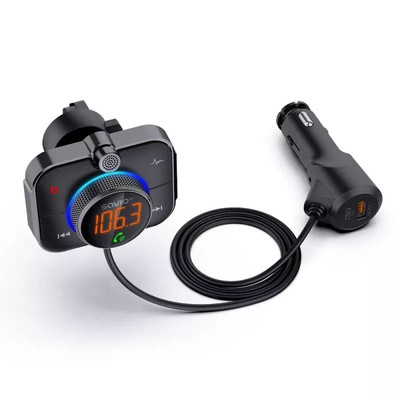 Transmissor FM SAVIO TR-14 Bluetooth USB, FM 87,6–107,9 MHz, MicroSD, USB-C, alimentação 12 V automóvel