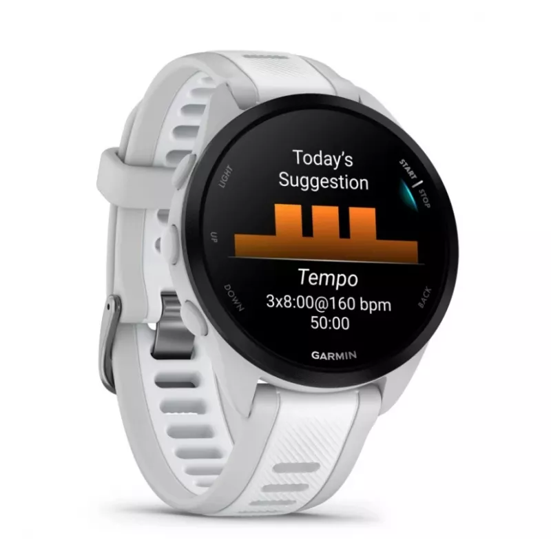 Smartwatch GARMIN Forerunner 165 — GPS, AMOLED 1,2 polegadas, 4 GB, 5 ATM, 11 dias de bateria, Caixa cinzenta, Bracelete branca