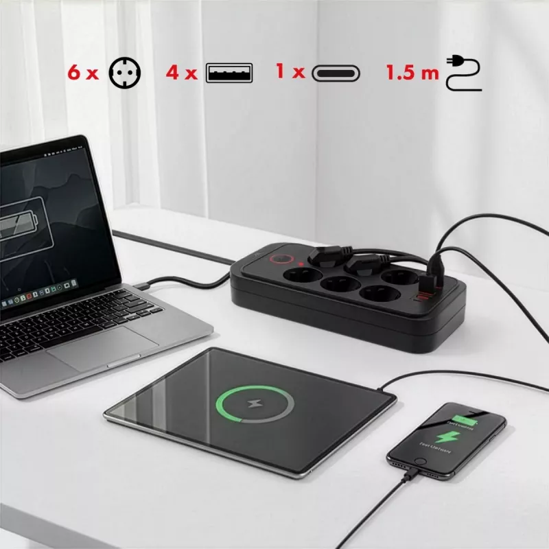 Extensão elétrica MACLEAN MCE389 B — 6 tomadas, 4×USB-A + 1×USB-C, 110–240V, 2,1A, 2500W, cabo de 1,5 m, preto