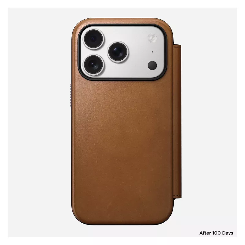 Capa tipo carteira Nomad Modern Leather Folio para iPhone 17 Pro, pele + alumínio, 6,3 polegadas (16 cm), tan, 3 compartimentos para cartões