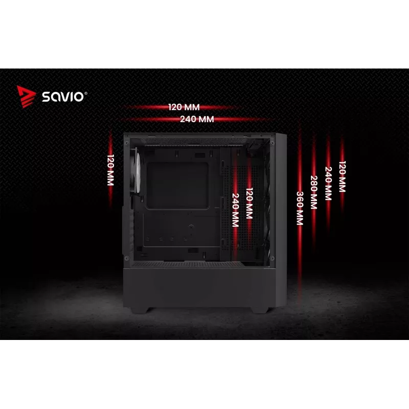 Caixa de PC SAVIO Noctis Flow RGB — Cube, ATX/Mini-ITX, 3 ventoinhas frontais de 120 mm, janela lateral em vidro temperado, GPU máx. 35 cm