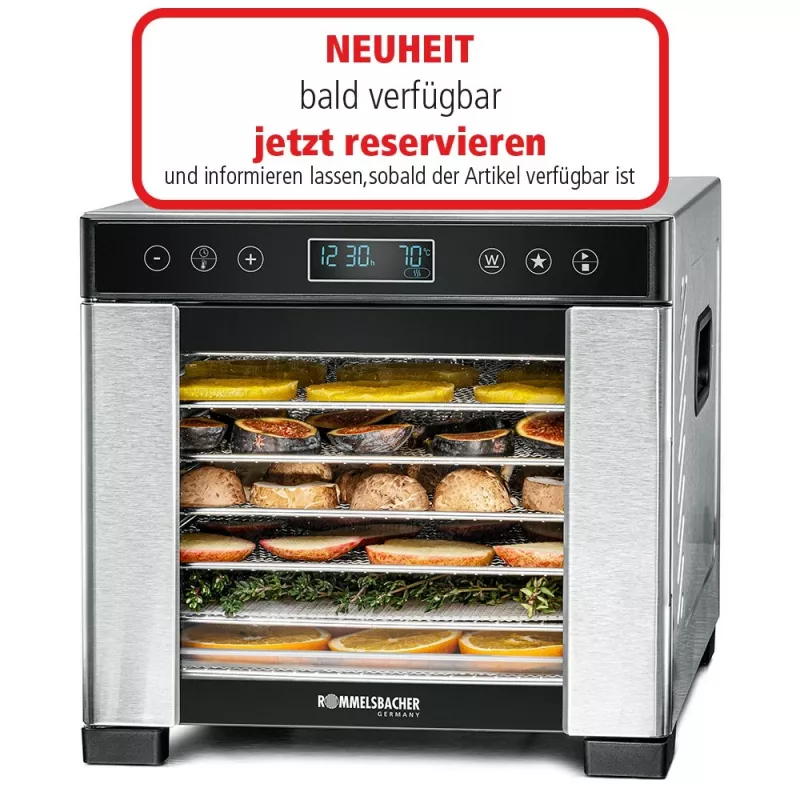 Rommelsbacher DA 650 desidratador de alimentos 600 W, 7 tabuleiros, 35–75 °C, temporizador 99 h, aço inoxidável/preto