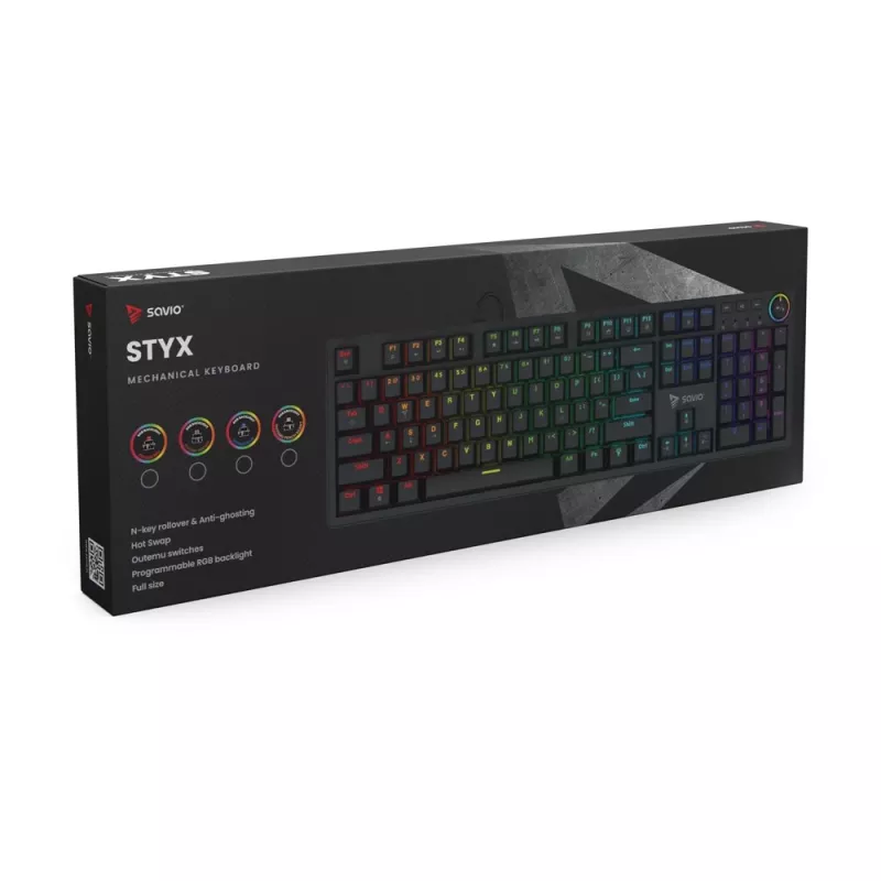 SAVIO STYX teclado mecânico gaming, switches Outemu Red, hot-swap, tamanho completo, disposição US, RGB, USB com fio, cabo de 1,5 m, preto