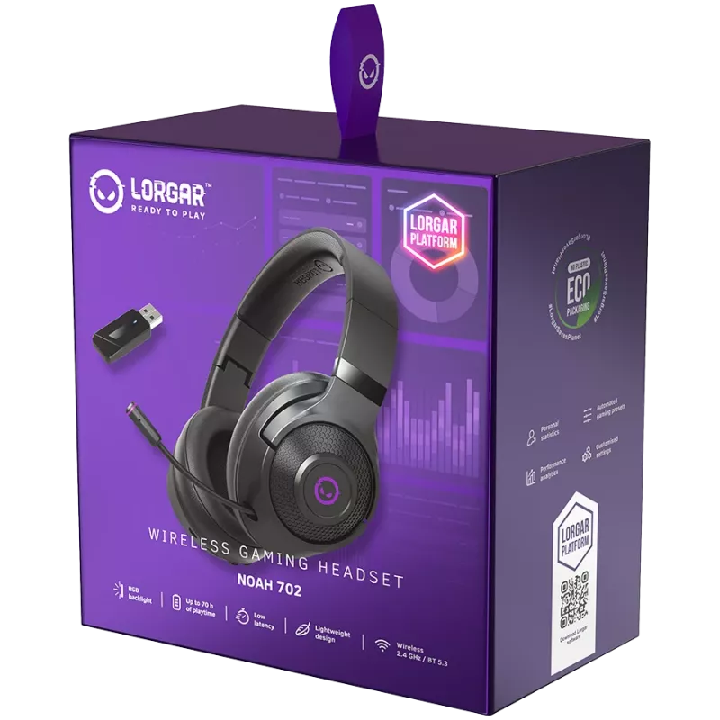 Lorgar Noah 702 (LRG-GHS702) auscultadores gaming sem fios, Bluetooth 5.3, recetor USB, AUX de 3,5 mm, drivers de 40 mm, 1000 mAh, RGB, pretos