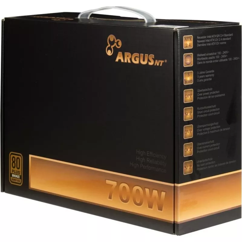 Fonte de alimentação INTER-TECH ArgusNT BPS-700, ventoinha de 120mm, Active PFC, 6xSATA, 4x PCI-E 6+2, 2x 4+4pin, 80+ Bronze, 230V EU (88882179)