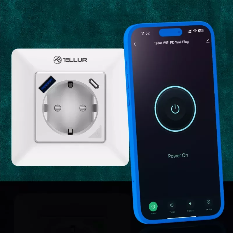 Tomada de parede inteligente WiFi Tellur TLL331531 – 3600 W 16 A, controlo remoto por WiFi