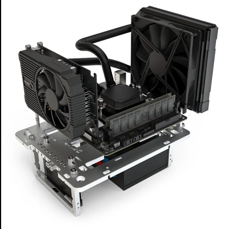 Caixa de bancada Mini Streacom BC1 Mini V2 prateado — estrutura compacta de open-frame