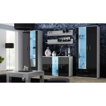 Aparador Cama Meble SOHO S7 120 cm – 3 portas, 4 prateleiras, tampo branco, preto brilhante