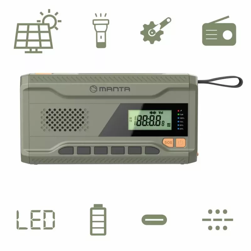 Rádio FM portátil MANTA RDI401G com painel solar, manivela dínamo, bateria 4000–4500 mAh, saída USB 5 V, 3 W, lanterna