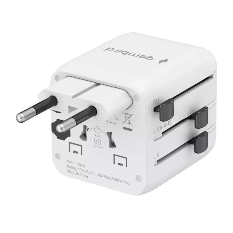 Adaptador de viagem universal GEMBIRD TPA-INT-01-W — entrada 100–250 V, ficha Type-G, dimensões compactas 84×56×85 mm