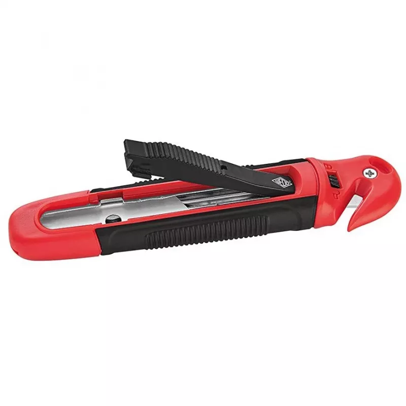 WEDO 78805 x-ato de segurança Standard, lâmina trapezoidal, retração automática da lâmina, bloqueio de segurança, incl. cortador de película, preto/vermelho