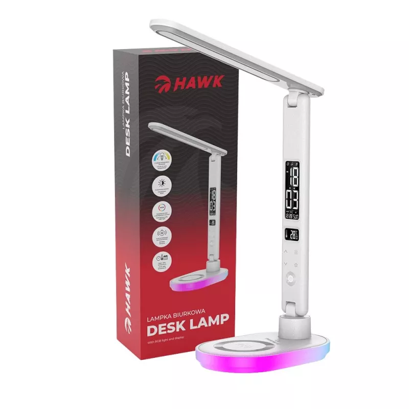 Candeeiro de mesa Hawk HW-LAMP03 branco RGB — candeeiro de secretária LED ajustável com iluminação RGB