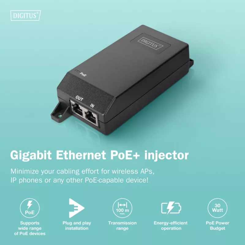 Injetor PoE+ Gigabit Ethernet Digitus 802.3at 30 W Preto