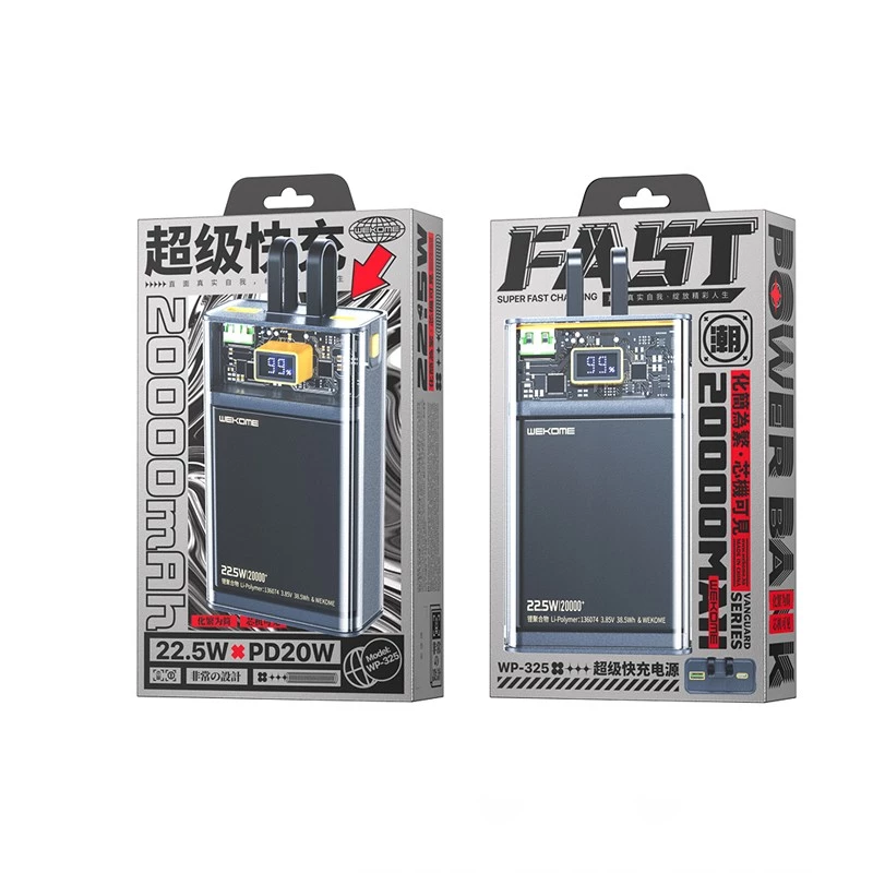 Power bank WEKOME WK-WP-325 série Vanguard, 20000 mAh, cabo USB-C e Lightning integrado, PD 20 W + QC 22,5 W