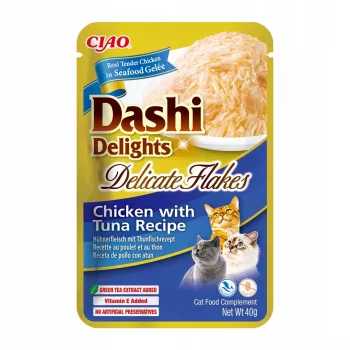 Snacks húmidos para gatos INABA Dashi Delights flocos delicados de frango com atum 40 g saqueta