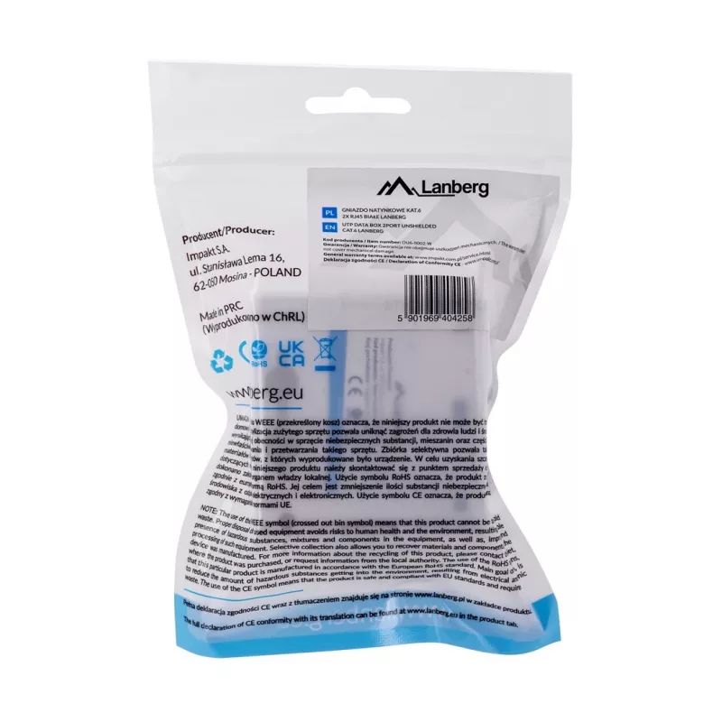 LANBERG tomada de superfície RJ-45 Cat6 OU6-0002-W branco, 2 conectores fêmea, 30×54×57 mm