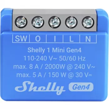 Interruptor inteligente Shelly 1 Mini Gen4 1P sem fios 110–240 V 50–60 Hz 1,2 W Bluetooth Wi‑Fi ZigBee 34×16×29 mm