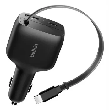 Belkin 75W 2-Port w Retractable USB-C Cbl Car - Cabo (CCC001HQBK)