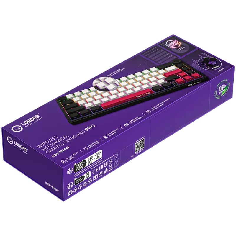 LORGAR KBP70MW, Teclado de gaming mecânico sem fios 65% Pro, preto/vermelho, layout EN