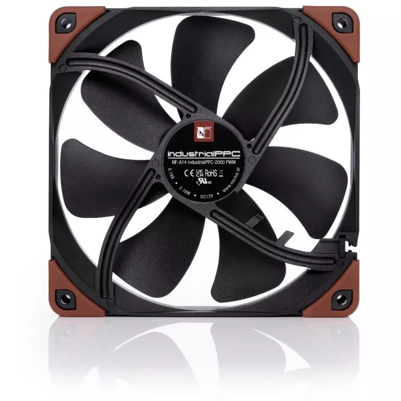Noctua NF-A14 industrialPPC-2000 PWM ventoinha de caixa, 140x25 mm, 12 V, PWM, 500–2000 rpm, 182,5 m³/h, 31,5 dB, rolamento SSO, preta/castanha