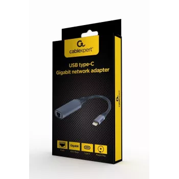 Adaptador de rede Gembird A-USB3C-LAN-01 Type-C USB 3.2 Gen 1, Gigabit RJ-45, cabo de 0,15 m, caixa metálica, cinzento/preto