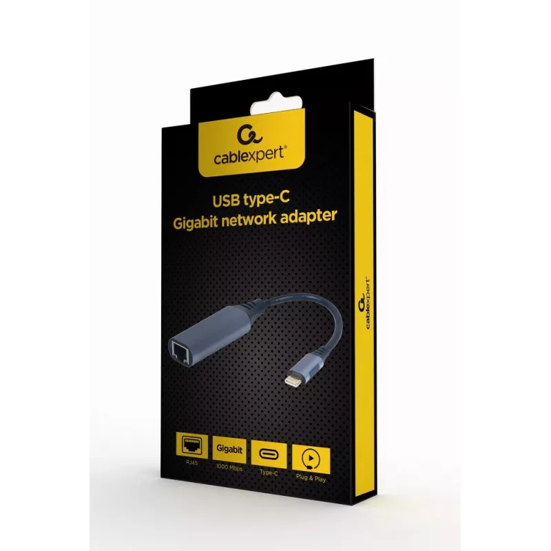 Adaptador de rede Gembird A-USB3C-LAN-01 Type-C USB 3.2 Gen 1, Gigabit RJ-45, cabo de 0,15 m, caixa metálica, cinzento/preto