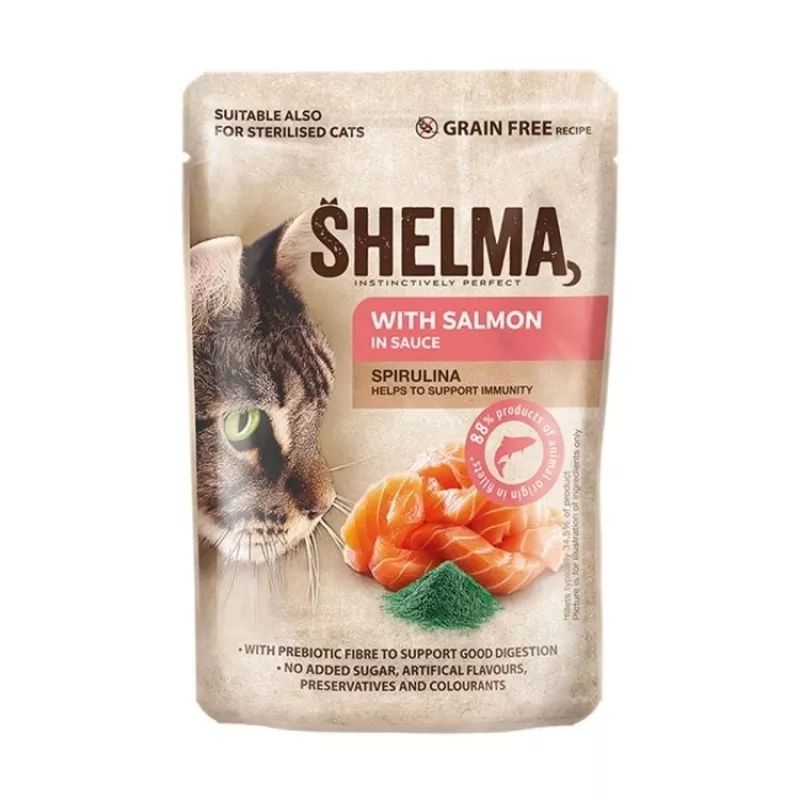 Alimento húmido para gatos SHELMA com salmão e bacalhau em molho, 4 x 85 g saquetas, 81 % de humidade, 10 % de proteína