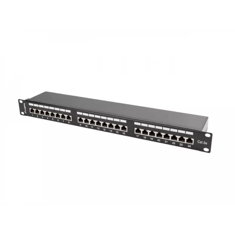 Patch panel 1U LANBERG PPS5-1024-B — 24 portas RJ-45 Cat5, metal, preto, montagem em rack