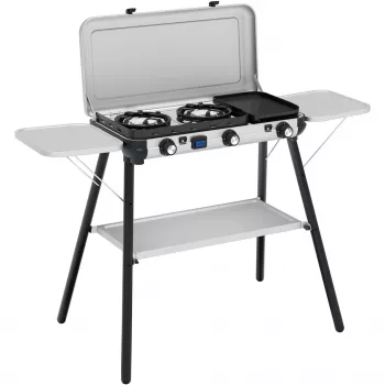 Camping Kitchen 2 Multi Cook Plus, fogão a gás cinzento, 2 zonas de cozedura 2x 1,8 kW + placa de grelhar 0,9 kW, modelo 2025