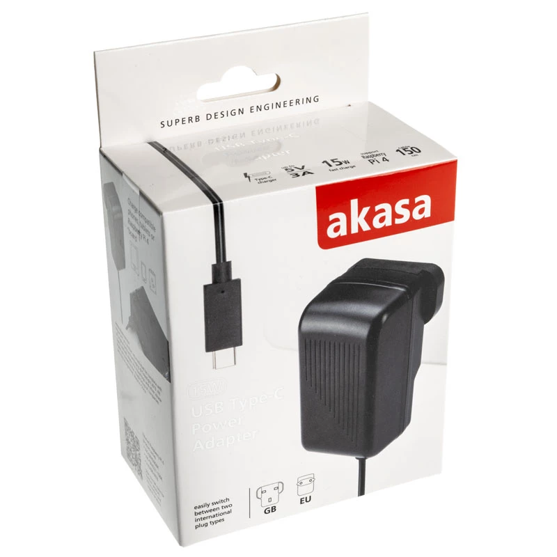 Carregador rápido AC de interior Akasa AK-PK15-02CM — 15W, USB-C 3A, cabo de 1,5 m, preto