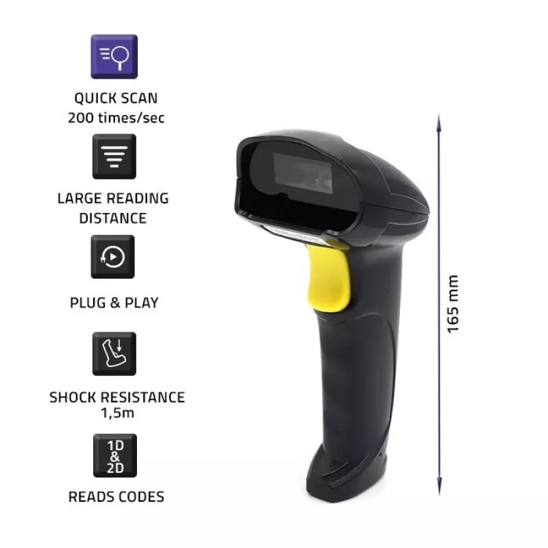 Qoltec 50853 leitor laser de códigos de barras portátil 1D/2D, USB com fio, cabo de 1,65 m, 97x65x167 mm, 105 g, preto