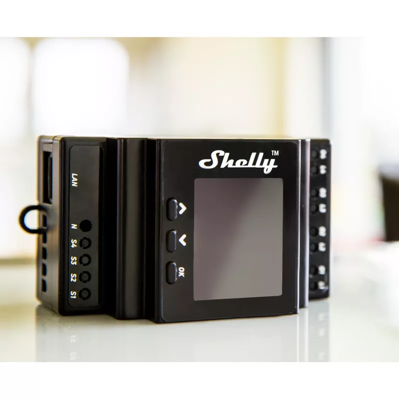 Módulo de relé para calha DIN Shelly 4 canais Pro 4PM Wi‑Fi, 4 canais, AC 110–240 V, medição de potência e energia, montagem em calha DIN