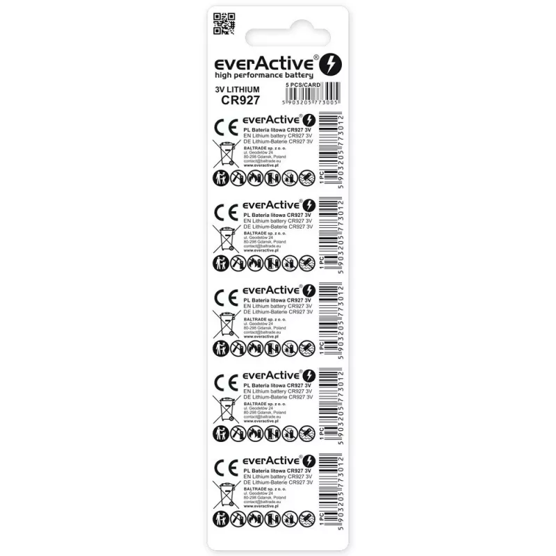 Pilha de lítio everActive CR927 3V, 30 mAh, pilha botão, altura 2,7 mm — pack de 5