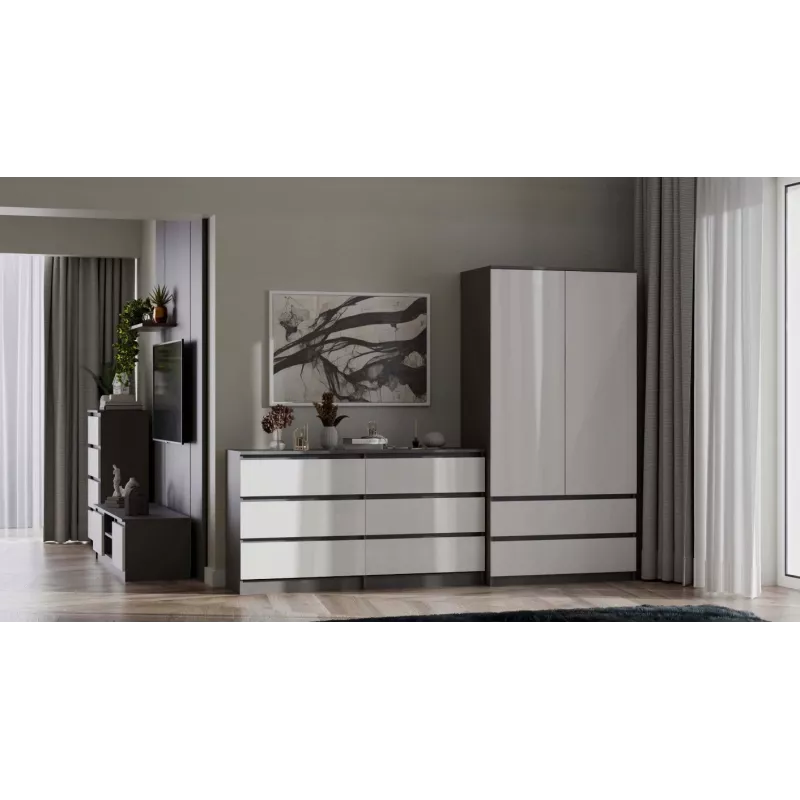 Guarda-roupa top e shop MALWA SS-90, 90×180×50 cm, estrutura antracite, portas de batente brancas, 2 gavetas, laminado 16 mm